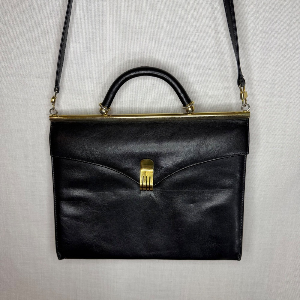 Vintage Black Leather Frame Handbag Gold Hardware Top Handle Shoulder Bag - Picture 4 of 12